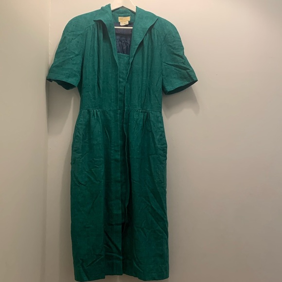 Vintage 80s Emerald Green Raw Silk Midi Dress Structured Look Woven Teal Lined M - Picture 1 of 4